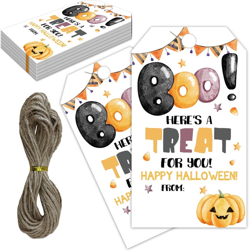 RPLCSPC Halloween Paper Gift Tags with String-50Pcs, Here is A Treat for You Happy Halloween Tags for Goodie Bags, 2 x 3.5 Inch Writable Waterproof Hanging Labels for Decor Party Supplies, Gift Wrapping-B04 - Image 1